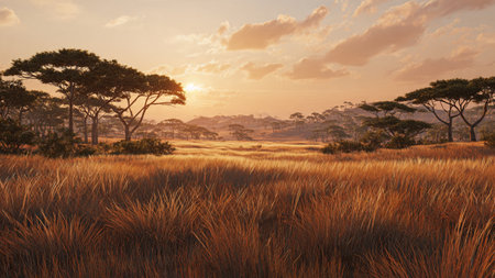 Bright green meadow with mist and sun rays.の写真素材