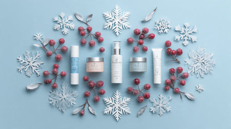 A collection of skincare products arranged in a festive winter theme with snowflakes and red berries.の写真素材