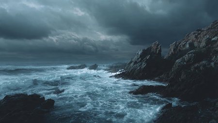 A painterly jungle scene with bold strokes forming the waterの写真素材