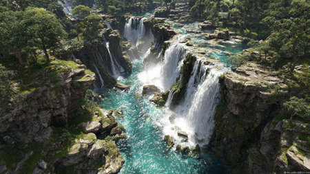 Waterfall cascading down mossy cliffs surrounded by trees.