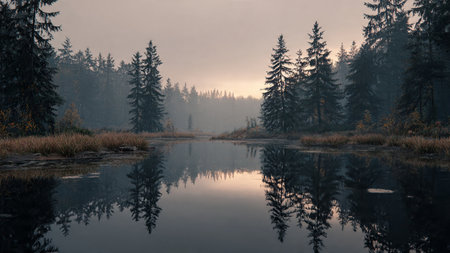 Orange sunrise illuminating foggy valley.