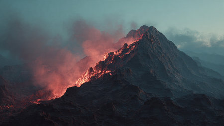 Dark mountains with dramatic red sky.