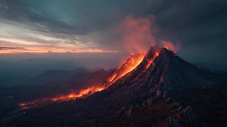 Red volcano peak with heavy smoke.