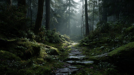 Pathway in the forest with fog in the background and green mossの写真素材