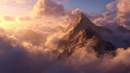 Panoramic view of Himalaya mountains at sunset, Nepal.