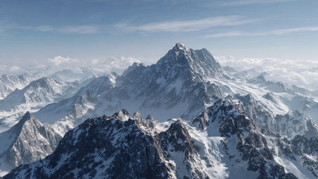 Aerial view of a majestic mountain range with snow-capped peaks and rocky ridges under a clear blue...