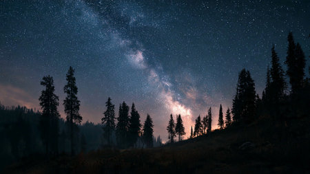 Milky Way over the forest in the mountains. Night sky with stars.の写真素材