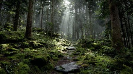Misty path in the forest with sunbeams through the trees