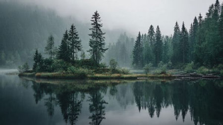 Foggy morning on the lake in the woods. Beautiful landscape