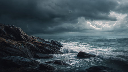 Stormy sea. Dramatic stormy sky. Panoramic image