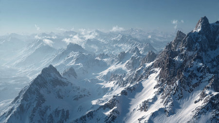 Winter mountains panorama with snow covered peaks and valleys. Caucasus Mountains, Georgia, region...
