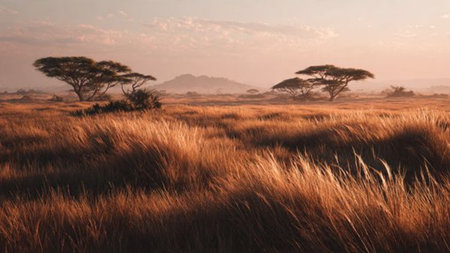 African savannah with acacia trees at sunset, Kenya, Africaの写真素材