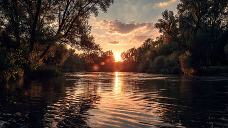 Sunset on the river. Sunset on the river. Autumn landscape