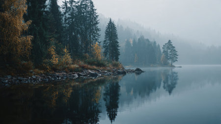 Beautiful mountain lake in the autumn forest. Foggy morning.の写真素材