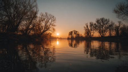 Sunset on the river with trees in the foreground and reflection in the waterの写真素材