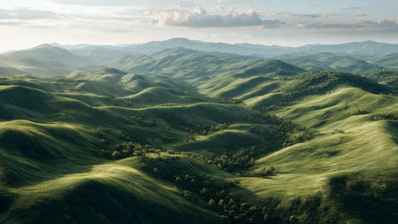 Aerial view of beautiful green hills in the mountains at sunset.