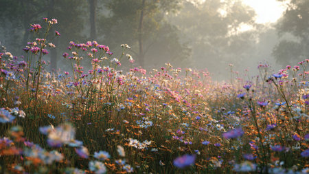 Flower meadow in the morning with morning sunlight and fog.