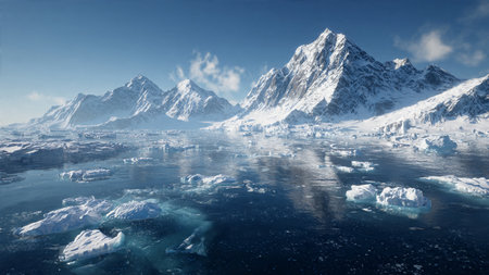 Antarctic landscape with icebergs and blue sky - 3D render