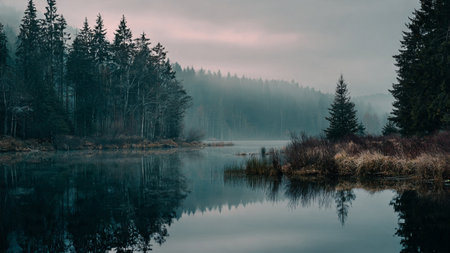 Beautiful autumn landscape with fog over the forest lake. Dramatic overcast skyの写真素材