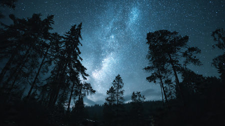 Milky Way over the forest at night. Pine trees and starry skyの写真素材