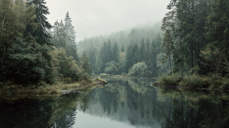 Mysterious forest lake in misty morning. Panoramic view.