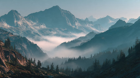 Mountain panorama with fog in the italian alps.の写真素材