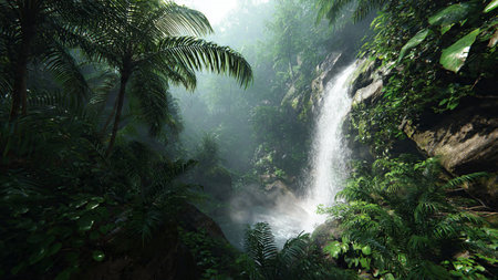 Beautiful waterfall in tropical rainforest with lush greenery on the rocks