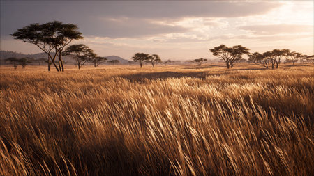 African savannah at sunset in Kruger National Park, South Africaの写真素材