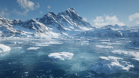 Antarctic landscape with icebergs and blue sky. 3d rendering