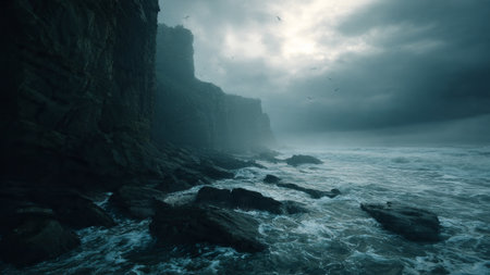 Foggy seascape with rocks and cliffs in the foreground