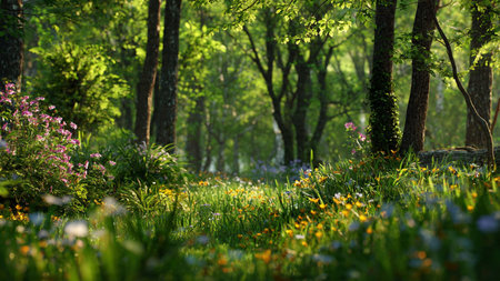Beautiful spring forest landscape with blooming flowers and green grass.