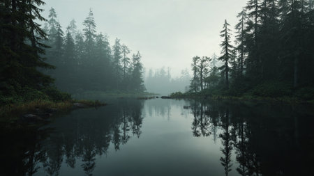 Lake in the forest with fog and trees on the shore in summer
