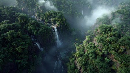 Aerial view of the waterfall in the rainforest of Sri Lanka