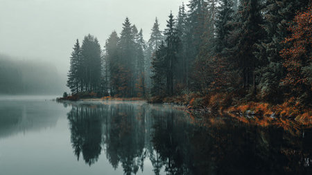 Autumn landscape with fog over lake and pine trees in the foregroundの写真素材