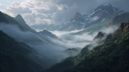 Mountain landscape with clouds and mist in Himalayas, Nepal