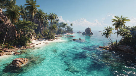 Panorama of beautiful tropical beach with palm trees and turquoise water