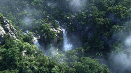 Beautiful waterfalls in tropical forest. Panoramic view.