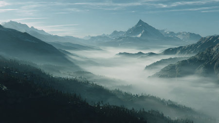 Panoramic view of the mountains in the morning mist.