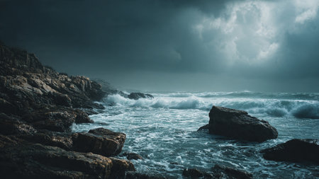 Stormy sea with rocks and stormy sky. Nature composition.
