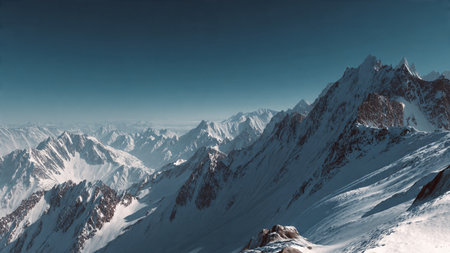 Snowy mountains panorama with clear blue sky. 3d rendering