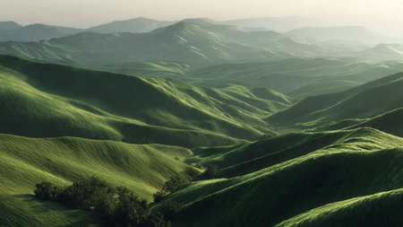 Landscape of green hills in the morning mist. 3d render