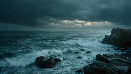 Stormy seascape at sunset. Dramatic sky, stormy ocean. Epic seascape. Nature, environment, ecology, climate changeの写真素材