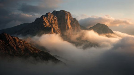 Mountain landscape with fog and clouds at sunset. Dolomites, Italy
