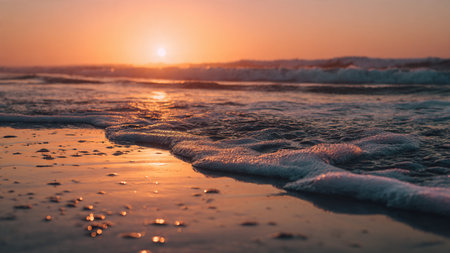 Beautiful sunset on the beach with soft wave and bokehの写真素材