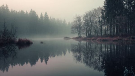 Misty morning on the lake in the woods. Landscape.