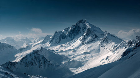 Winter mountains panorama with snow-capped peaks and blue skyの写真素材