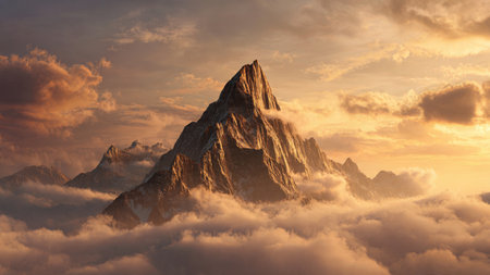Mountain peak in the clouds at sunset. Panoramic view.