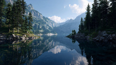 Beautiful alpine lake with reflection of mountains in the water.