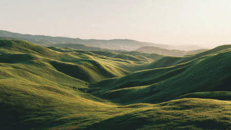 Landscape with green hills in the morning. 3d render.