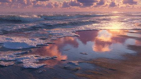 Sunset on the Baltic sea in winter with ice and snow.